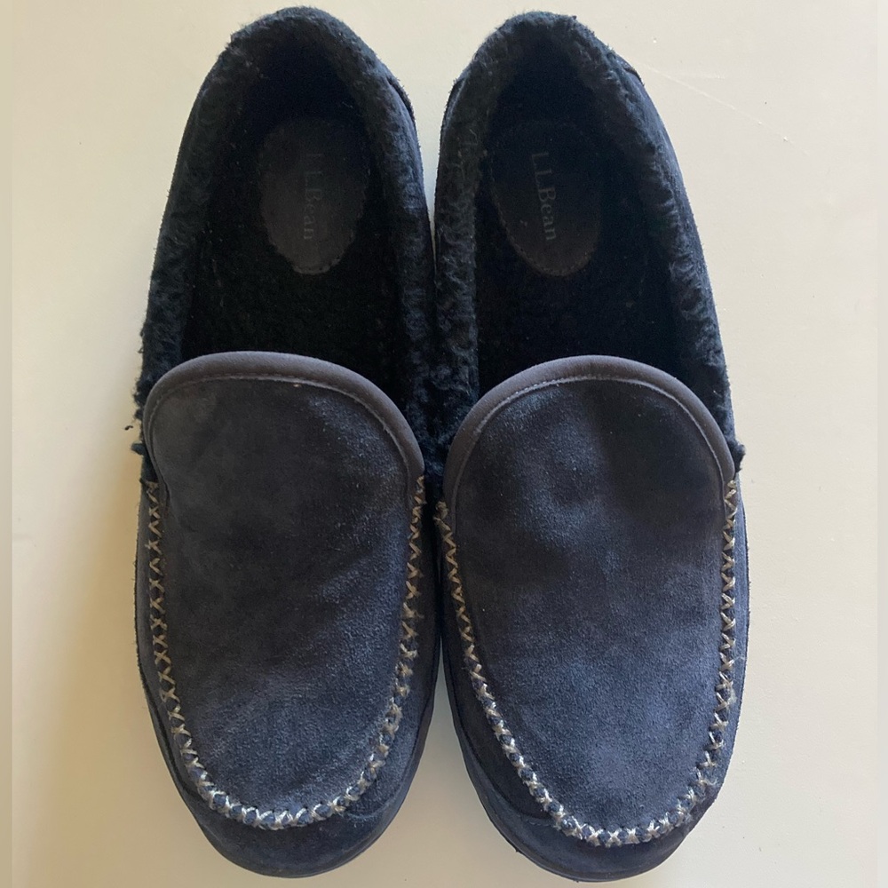 L.L Bean Mountain Slippers Suede Slip-On Fleece Lined Non-Slip Rubber Navy